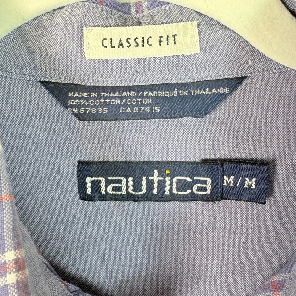 Nautica Button Down Shirt Men Medium Blue Plaid Good Classic Fit Cotton Long Slv